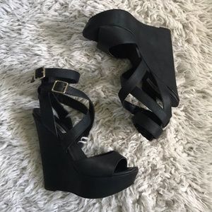 Strappy black wedge heel